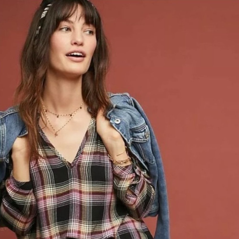 Cloth & Stone Anthropologie Women's Plaid Ruffle Blouse Size Small